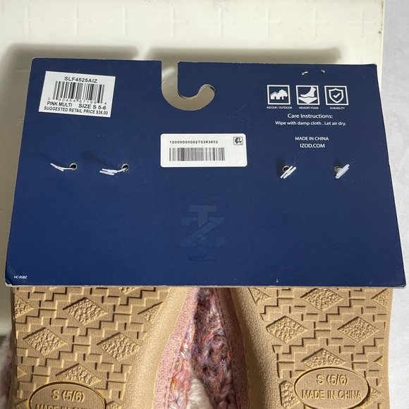 IZOD Ladies Knit Slippers Pink Multi Faux Fur Memory Foam Size S (5-6) - Picture 2 of 5